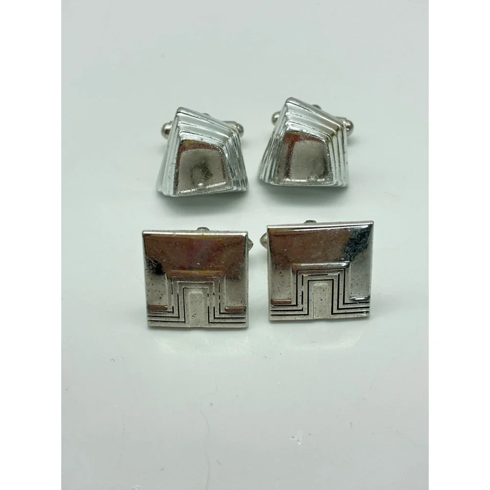 Vintage Silver Tone Geometric Cufflinks Lot of 2 Art Deco Square Trapezoid